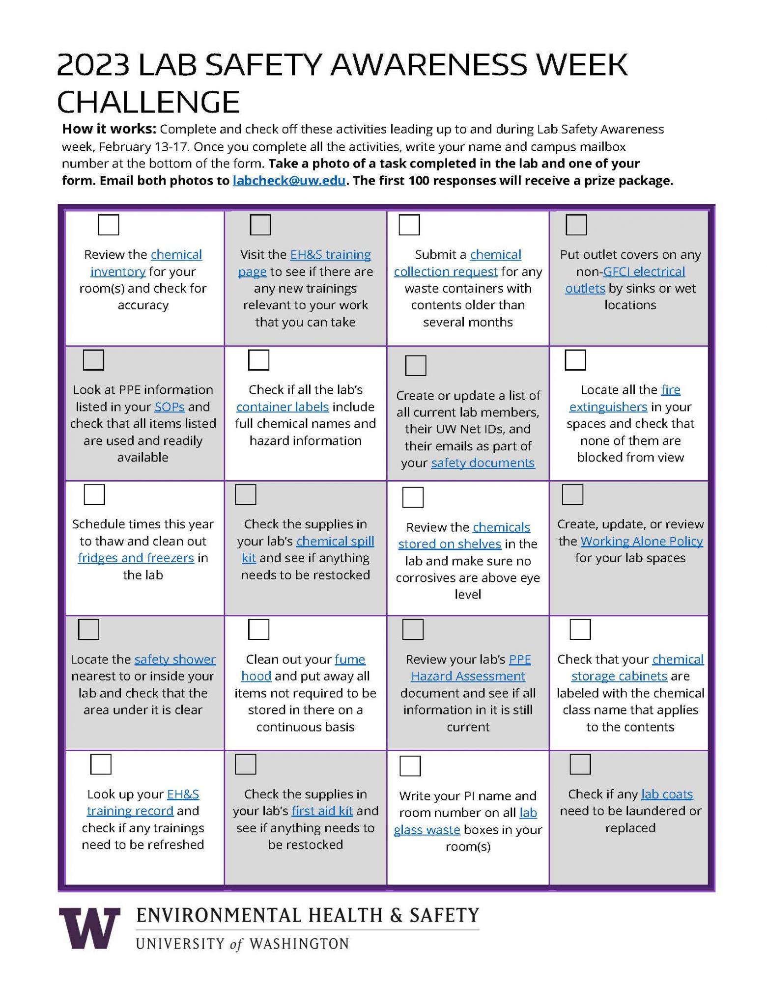 Lab Safety Awareness Week Challenge Card 2023