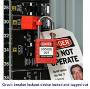 circuit breaker with locks and tags attached