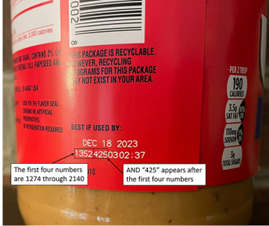 Jif peanut butter label showing lot codes