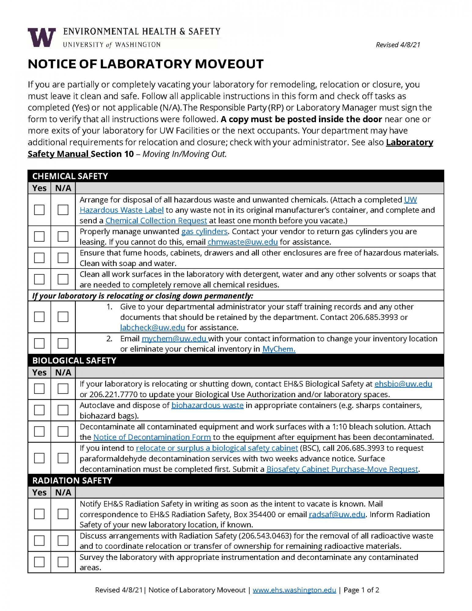 Notice of Laboratory Moveout form