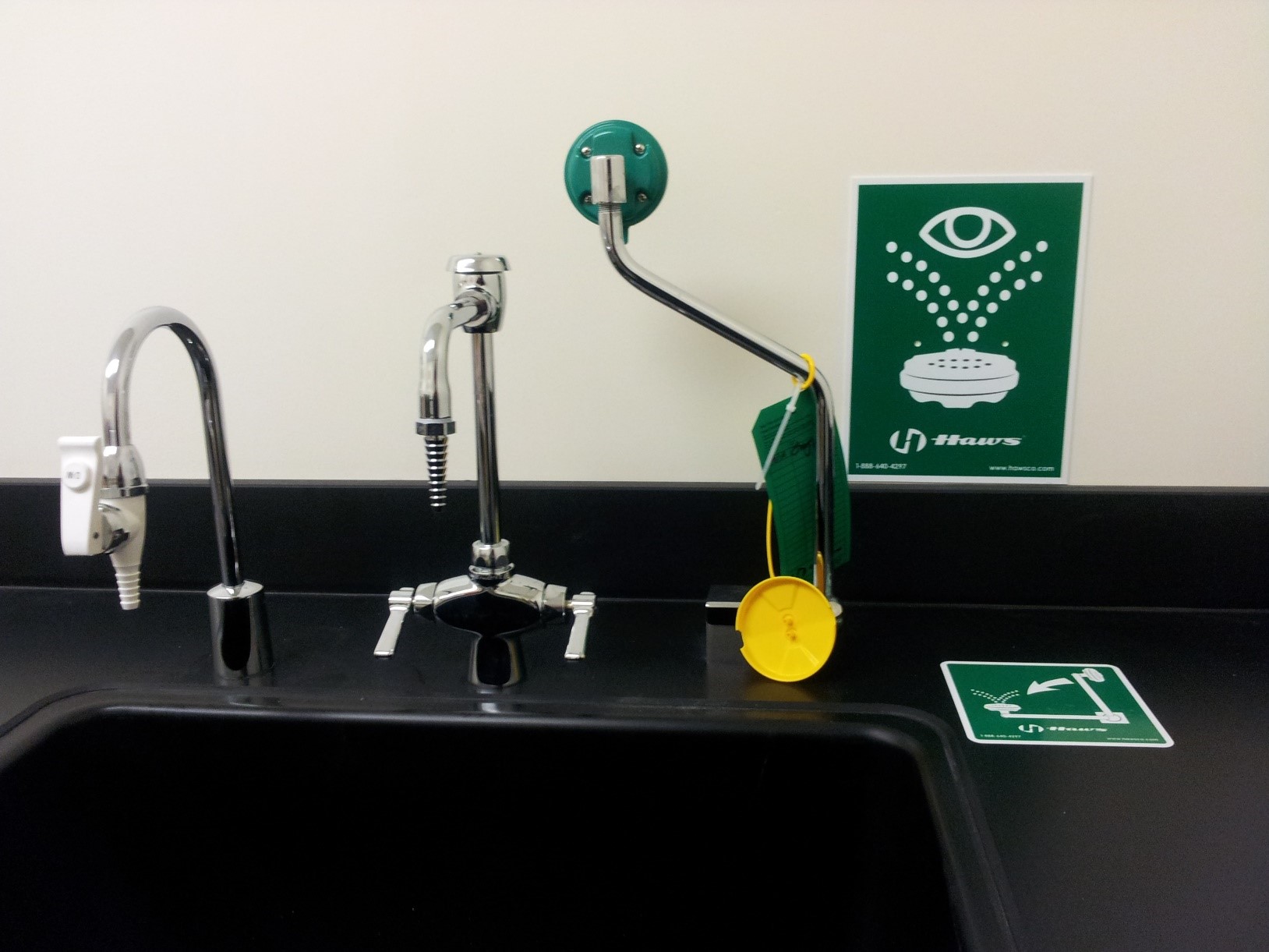 Pull-down eyewash at a laboratory sink