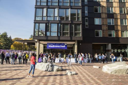 people walking outside Madrona Hall